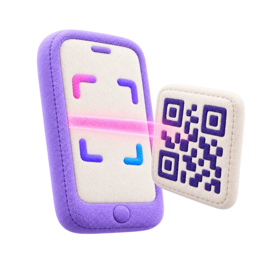 A plush fabric phone scanning a sewn QR code